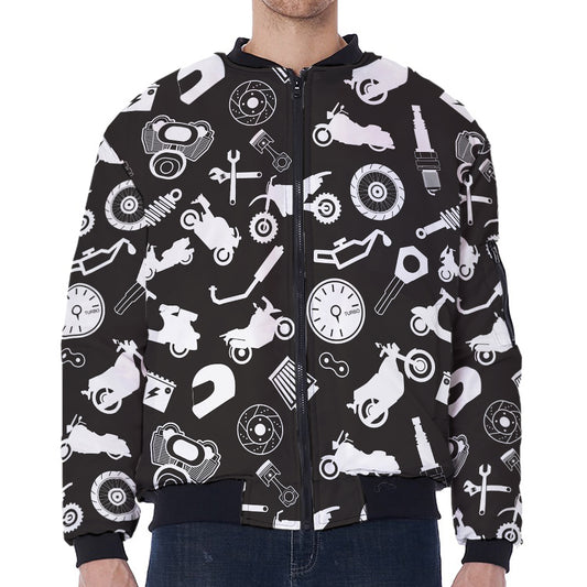 Motorcycle Equipment Pattern Print Zip Sleeve Bomber Jacket