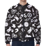 Motorcycle Equipment Pattern Print Zip Sleeve Bomber Jacket