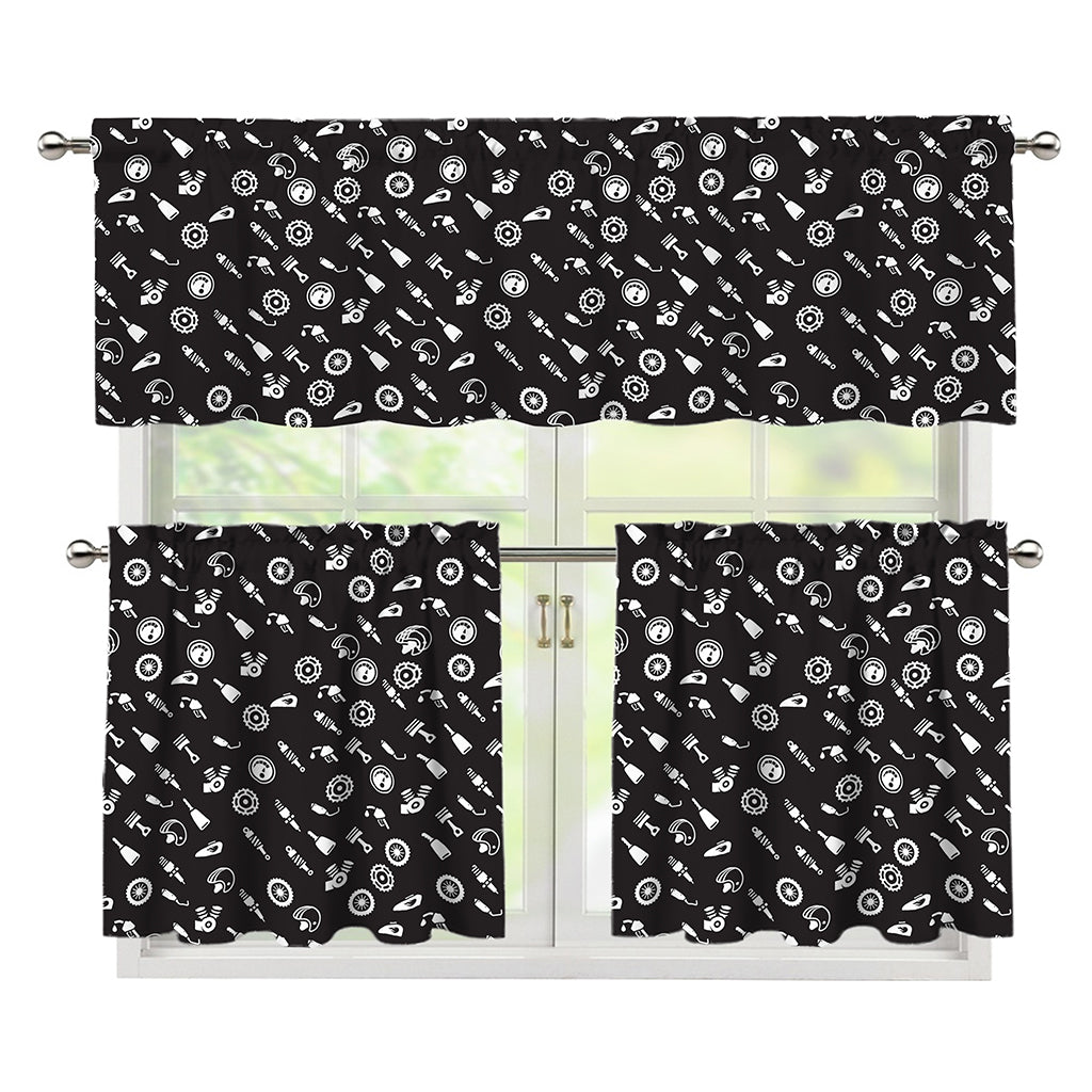 Motorcycle Parts Pattern Print 3 Piece Kitchen Curtains