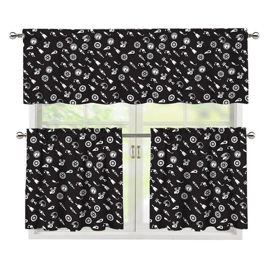 Motorcycle Parts Pattern Print 3 Piece Kitchen Curtains