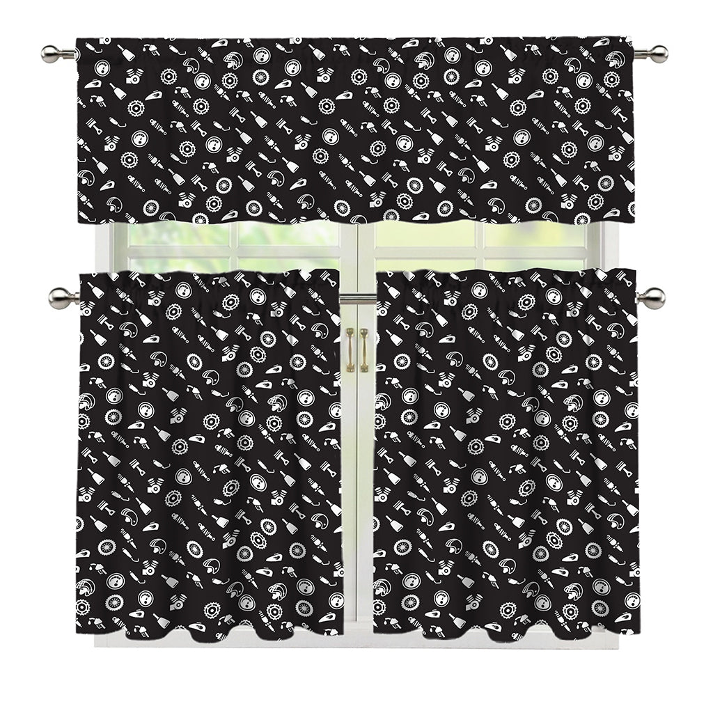 Motorcycle Parts Pattern Print 3 Piece Kitchen Curtains