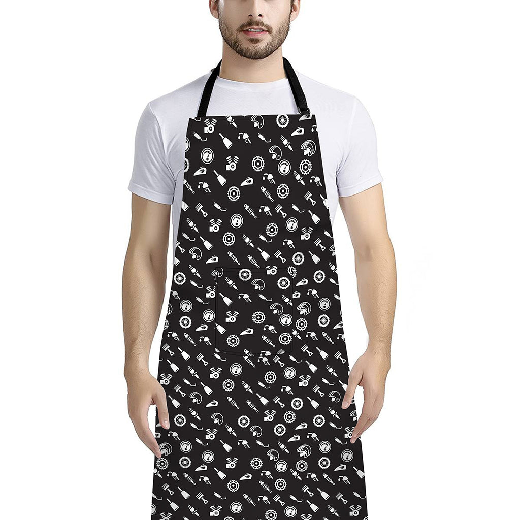 Motorcycle Parts Pattern Print Bib Apron With Pocket