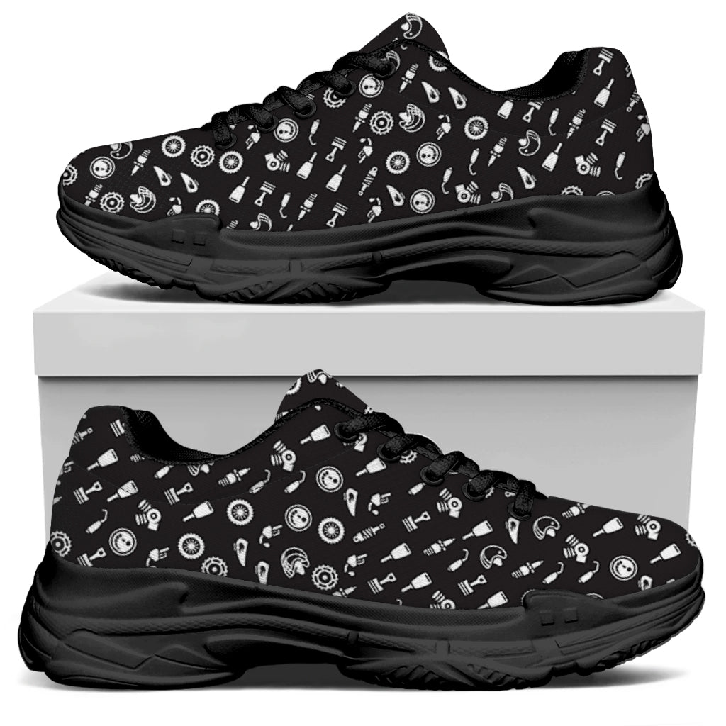 Motorcycle Parts Pattern Print Black Chunky Shoes