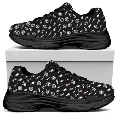 Motorcycle Parts Pattern Print Black Chunky Shoes