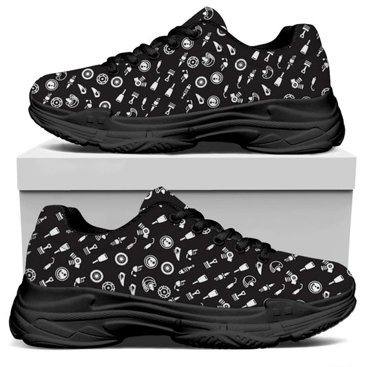 Motorcycle Parts Pattern Print Black Chunky Shoes