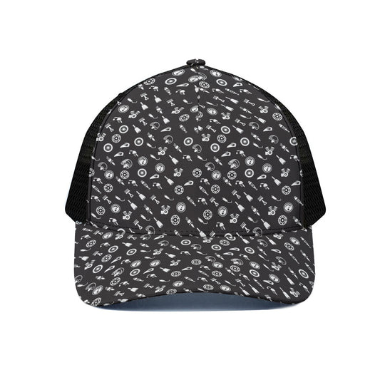 Motorcycle Parts Pattern Print Black Mesh Trucker Cap