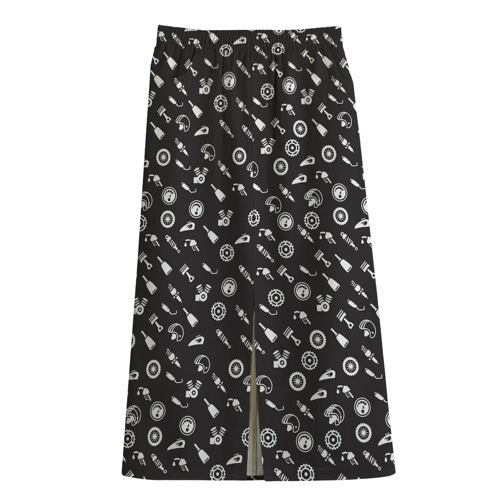 Motorcycle Parts Pattern Print Cotton Front Slit Maxi Skirt