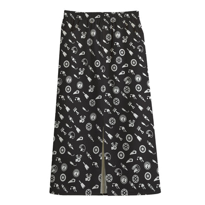 Motorcycle Parts Pattern Print Cotton Front Slit Maxi Skirt
