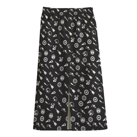 Motorcycle Parts Pattern Print Cotton Front Slit Maxi Skirt
