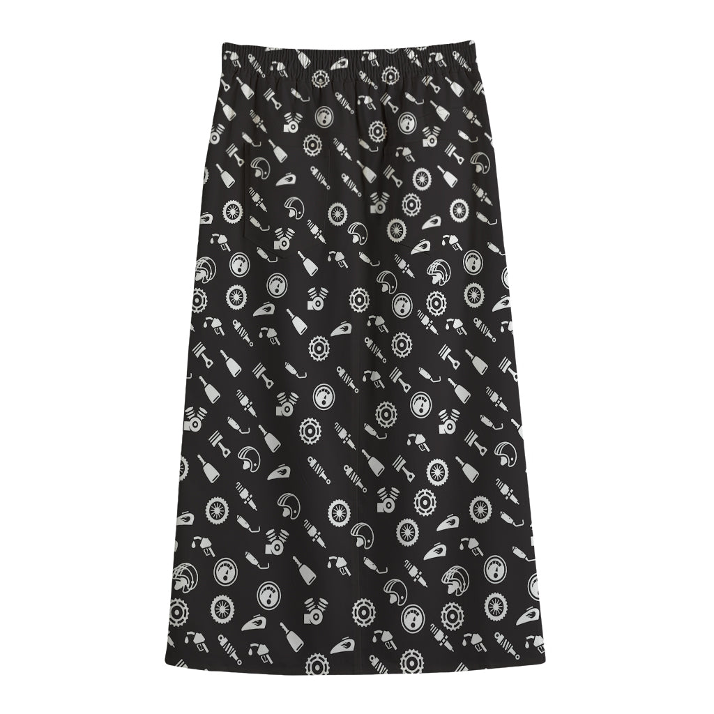 Motorcycle Parts Pattern Print Cotton Front Slit Maxi Skirt