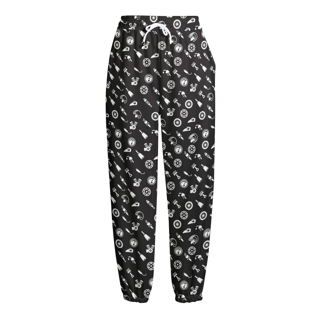 Motorcycle Parts Pattern Print Fleece Lined Knit Pants