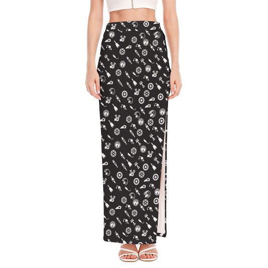 Motorcycle Parts Pattern Print High Slit Maxi Skirt
