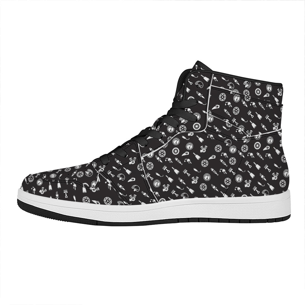 Motorcycle Parts Pattern Print High Top Leather Sneakers