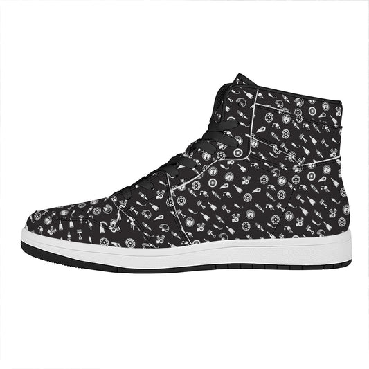 Motorcycle Parts Pattern Print High Top Leather Sneakers