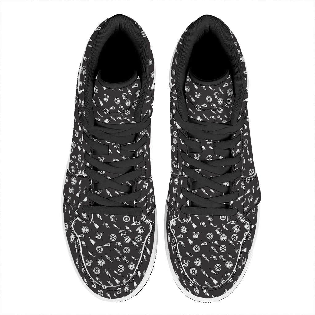 Motorcycle Parts Pattern Print High Top Leather Sneakers