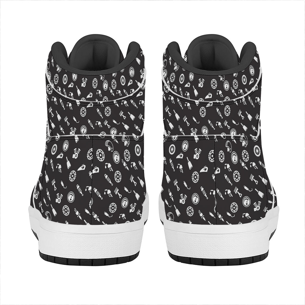 Motorcycle Parts Pattern Print High Top Leather Sneakers