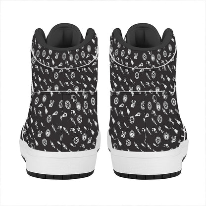 Motorcycle Parts Pattern Print High Top Leather Sneakers