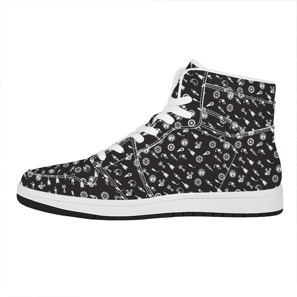 Motorcycle Parts Pattern Print High Top Leather Sneakers