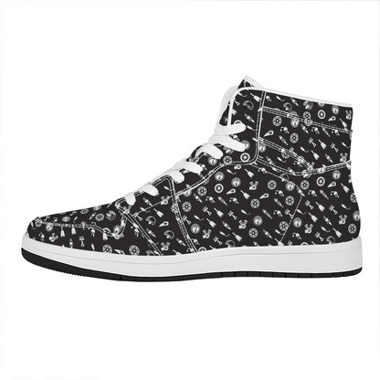 Motorcycle Parts Pattern Print High Top Leather Sneakers