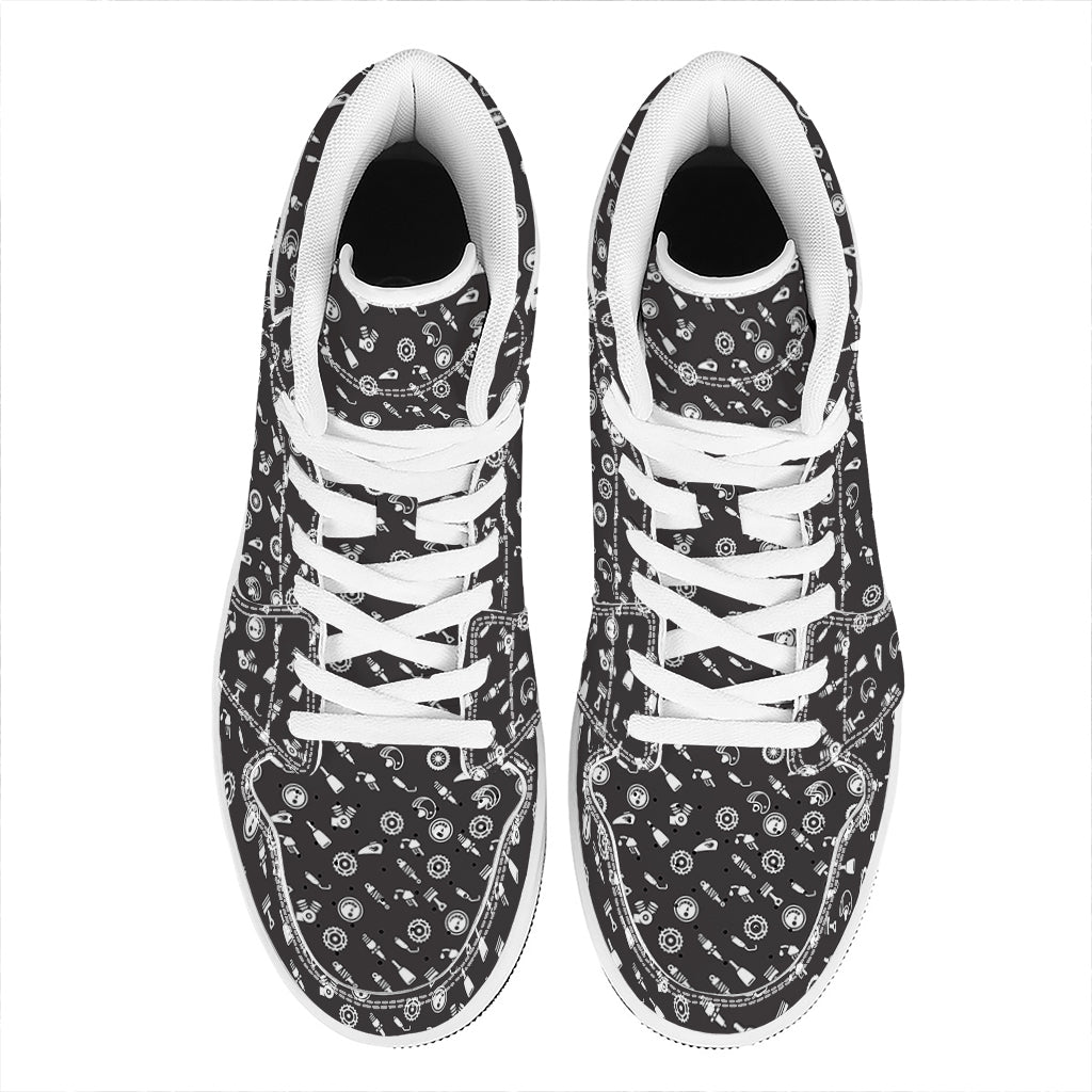 Motorcycle Parts Pattern Print High Top Leather Sneakers