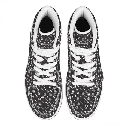 Motorcycle Parts Pattern Print High Top Leather Sneakers