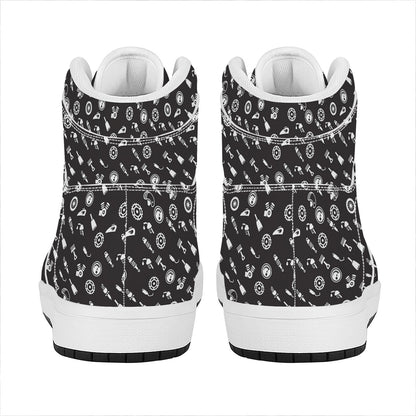 Motorcycle Parts Pattern Print High Top Leather Sneakers