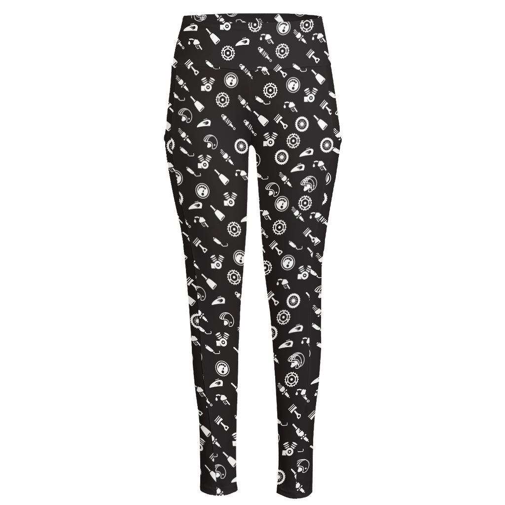 Motorcycle Parts Pattern Print High-Waisted Pocket Leggings