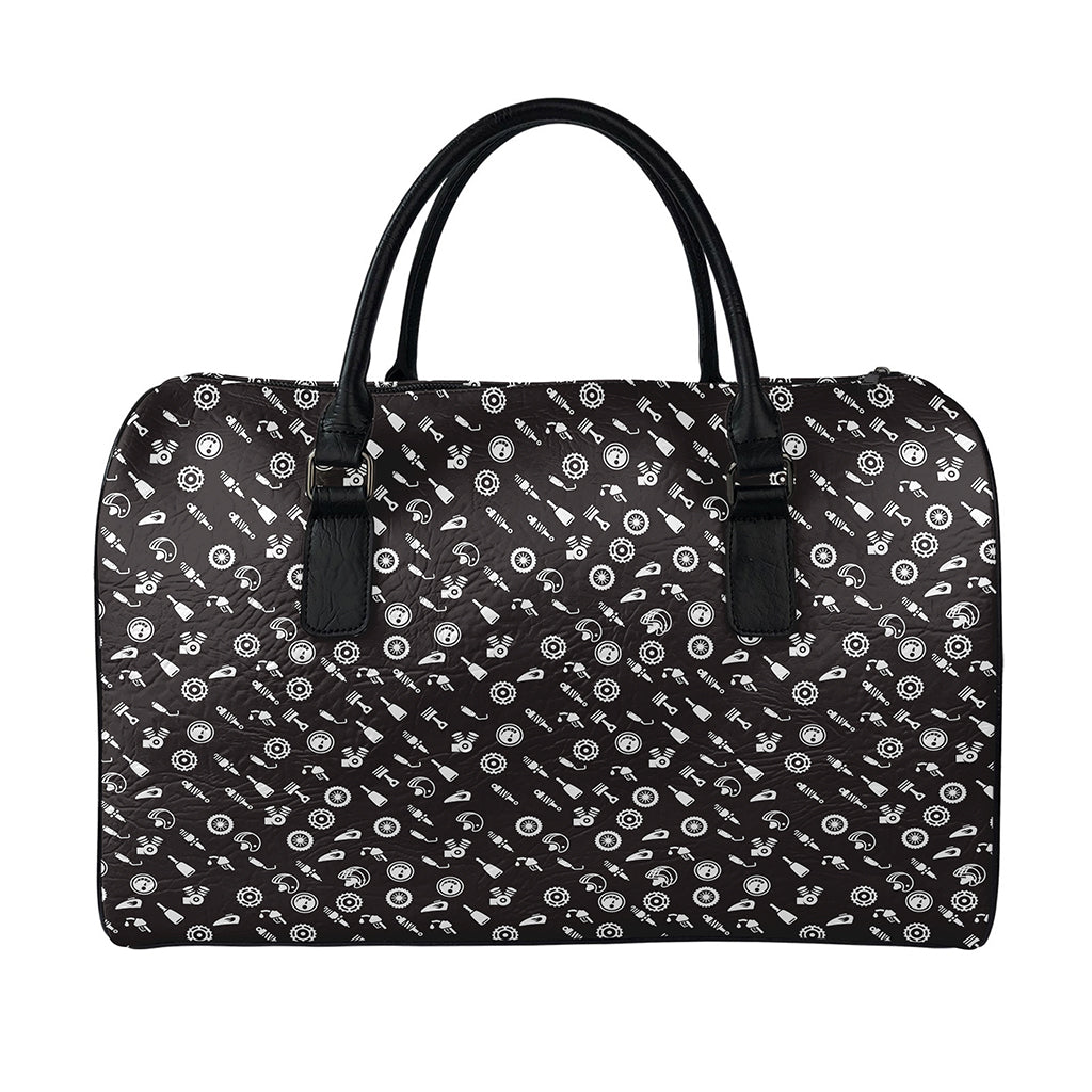 Motorcycle Parts Pattern Print Leather Duffle Bag