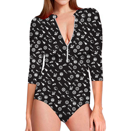 Motorcycle Parts Pattern Print Long Sleeve Swimsuit