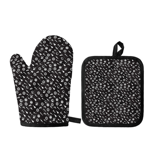 Motorcycle Parts Pattern Print Oven Mitt And Pot Holder Set