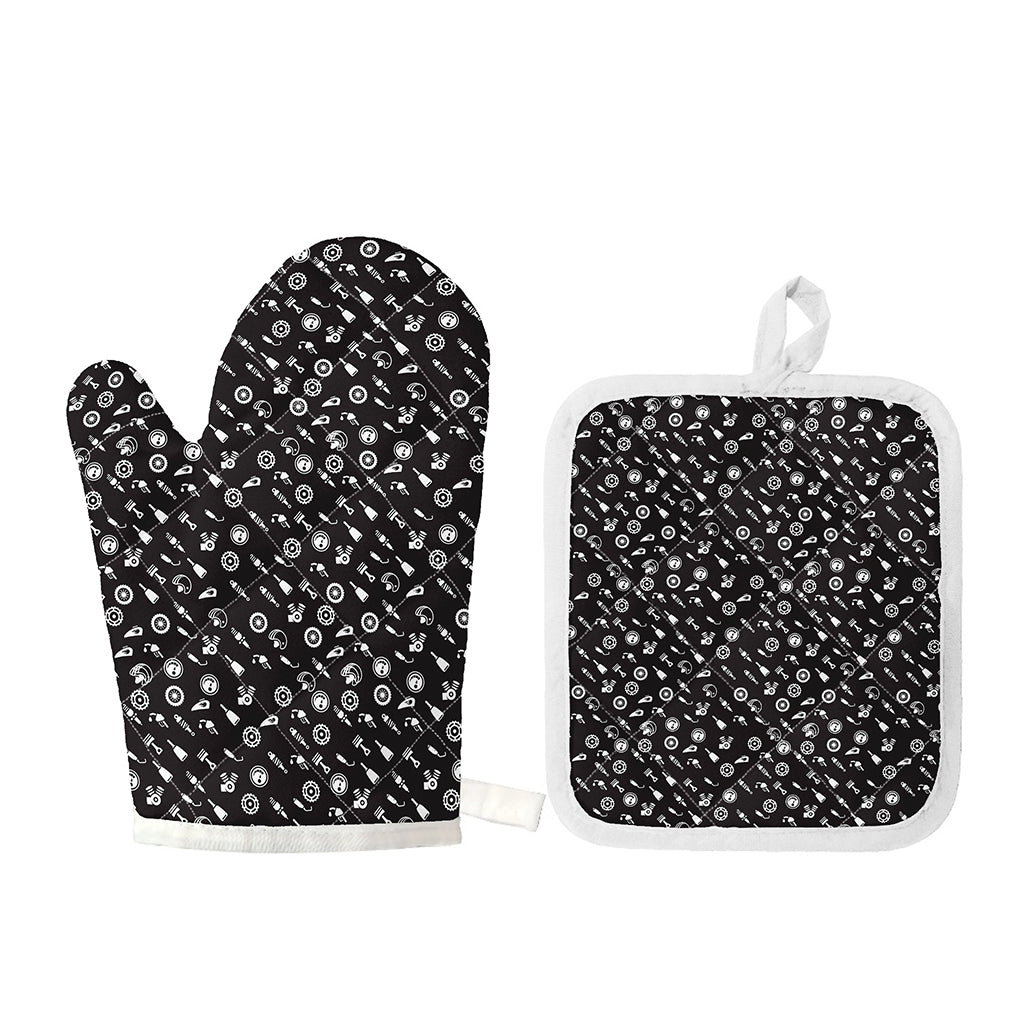 Motorcycle Parts Pattern Print Oven Mitt And Pot Holder Set