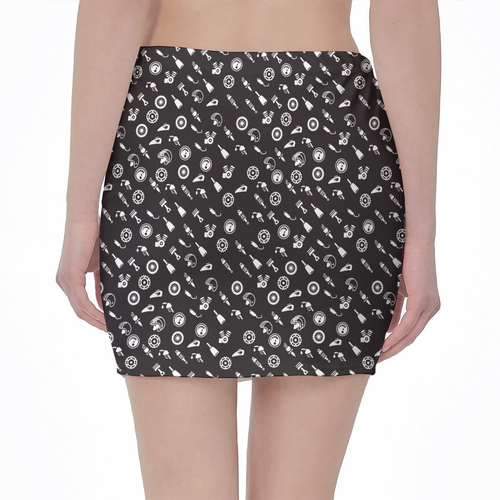Motorcycle Parts Pattern Print Pencil Mini Skirt