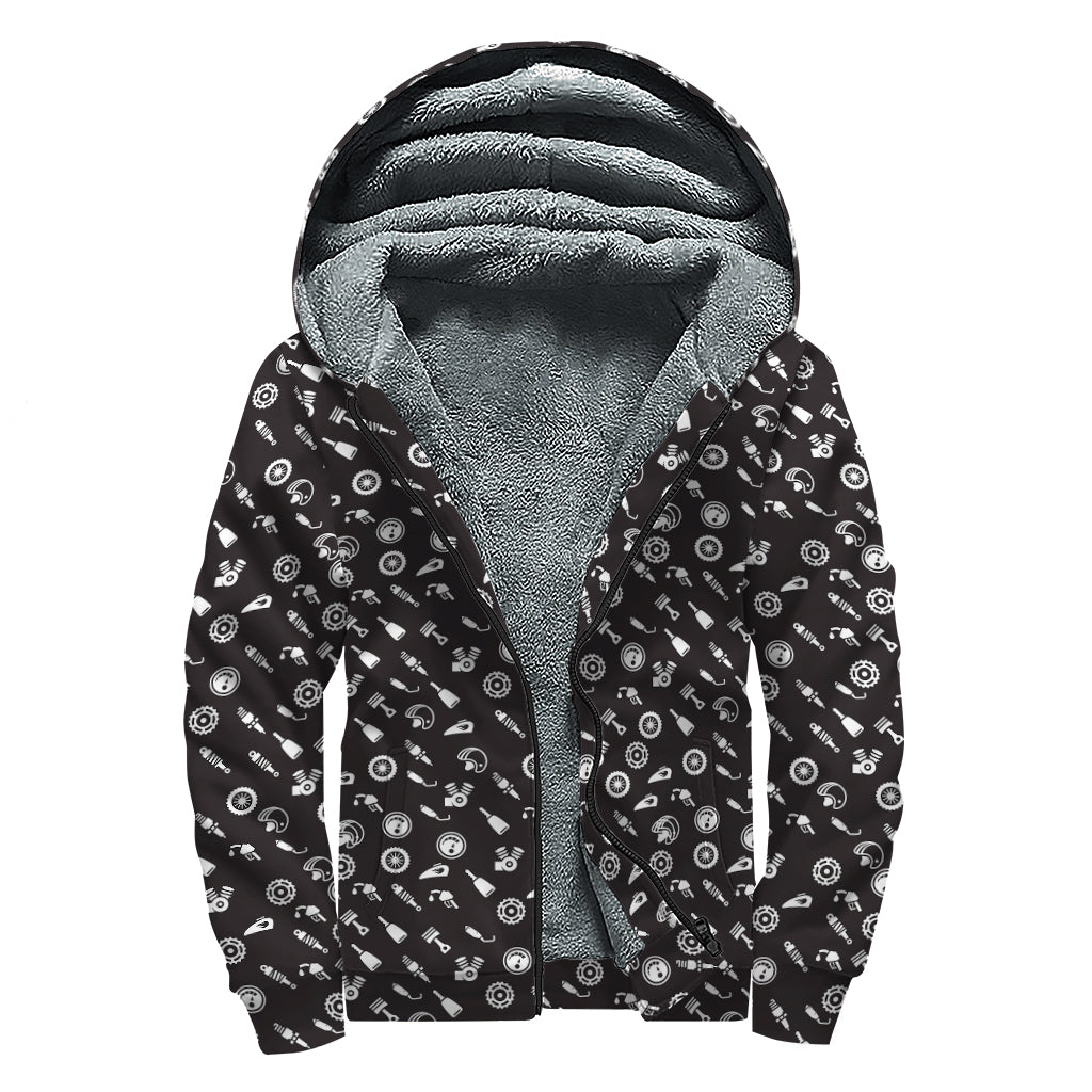 Motorcycle Parts Pattern Print Sherpa Lined Zip Up Hoodie