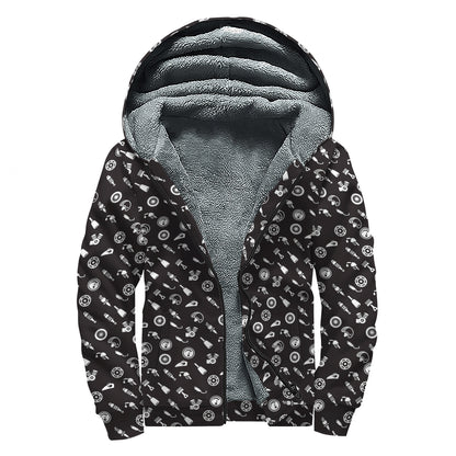 Motorcycle Parts Pattern Print Sherpa Lined Zip Up Hoodie