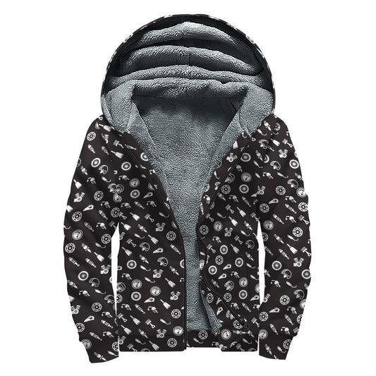 Motorcycle Parts Pattern Print Sherpa Lined Zip Up Hoodie