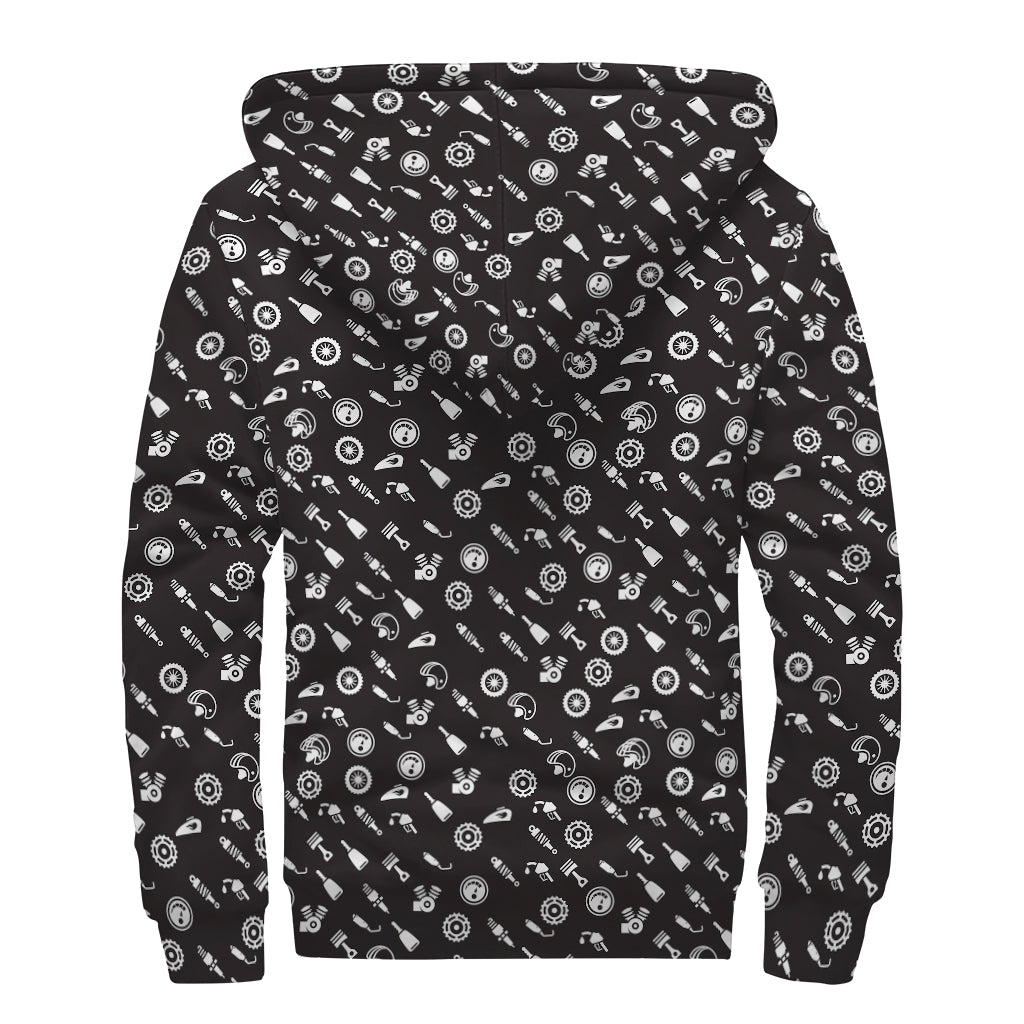 Motorcycle Parts Pattern Print Sherpa Lined Zip Up Hoodie