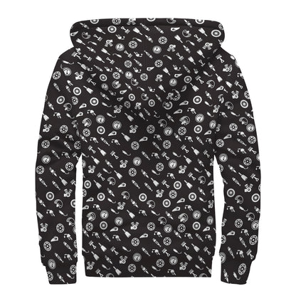 Motorcycle Parts Pattern Print Sherpa Lined Zip Up Hoodie