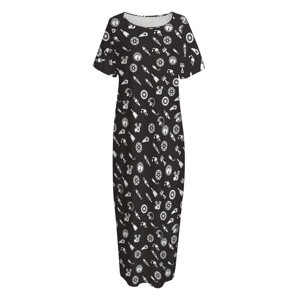 Motorcycle Parts Pattern Print Short Sleeve Long Nightdress