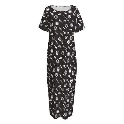 Motorcycle Parts Pattern Print Short Sleeve Long Nightdress