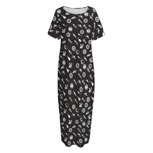 Motorcycle Parts Pattern Print Short Sleeve Long Nightdress