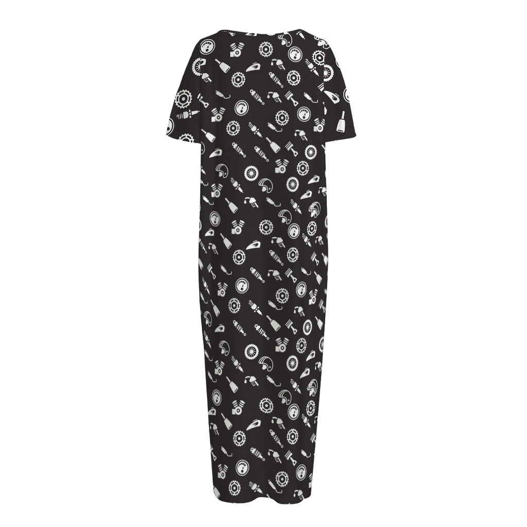 Motorcycle Parts Pattern Print Short Sleeve Long Nightdress