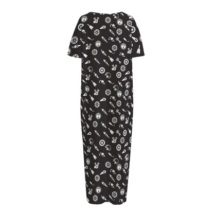 Motorcycle Parts Pattern Print Short Sleeve Long Nightdress