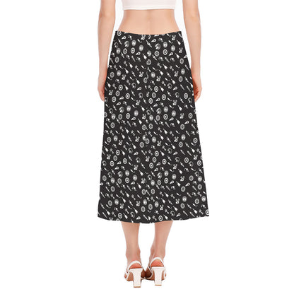 Motorcycle Parts Pattern Print Side Slit Midi Skirt