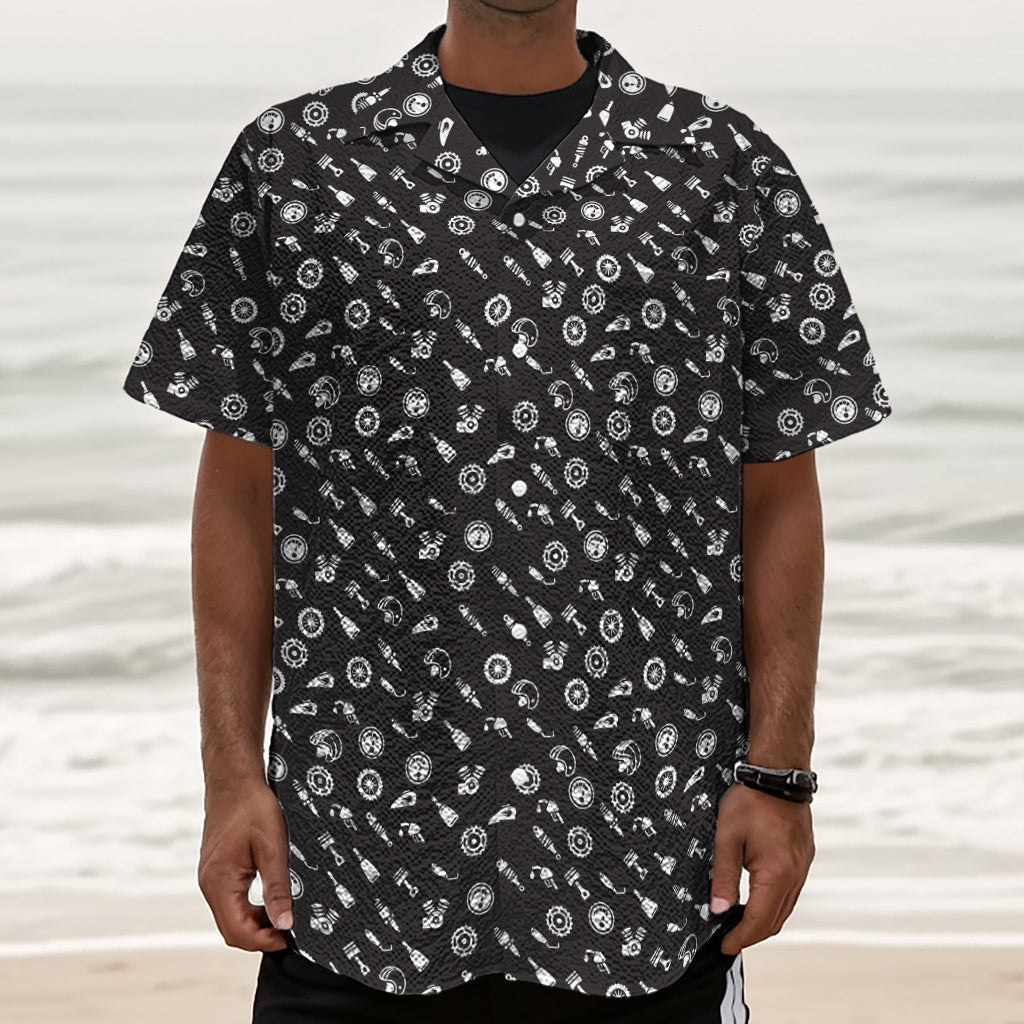 Motorcycle Parts Pattern Print Textured Short Sleeve Shirt