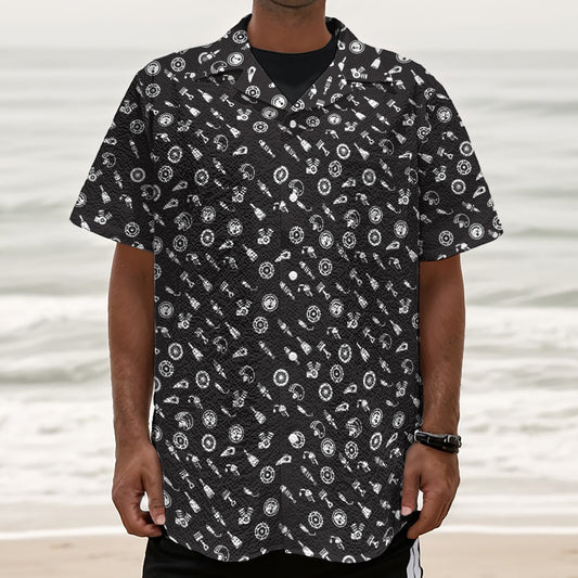 Motorcycle Parts Pattern Print Textured Short Sleeve Shirt
