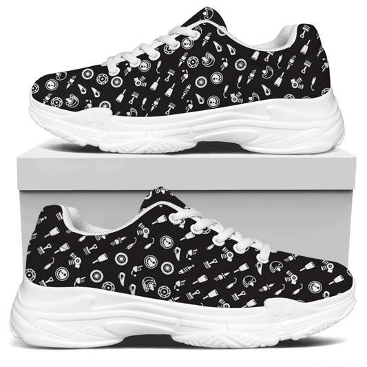 Motorcycle Parts Pattern Print White Chunky Shoes