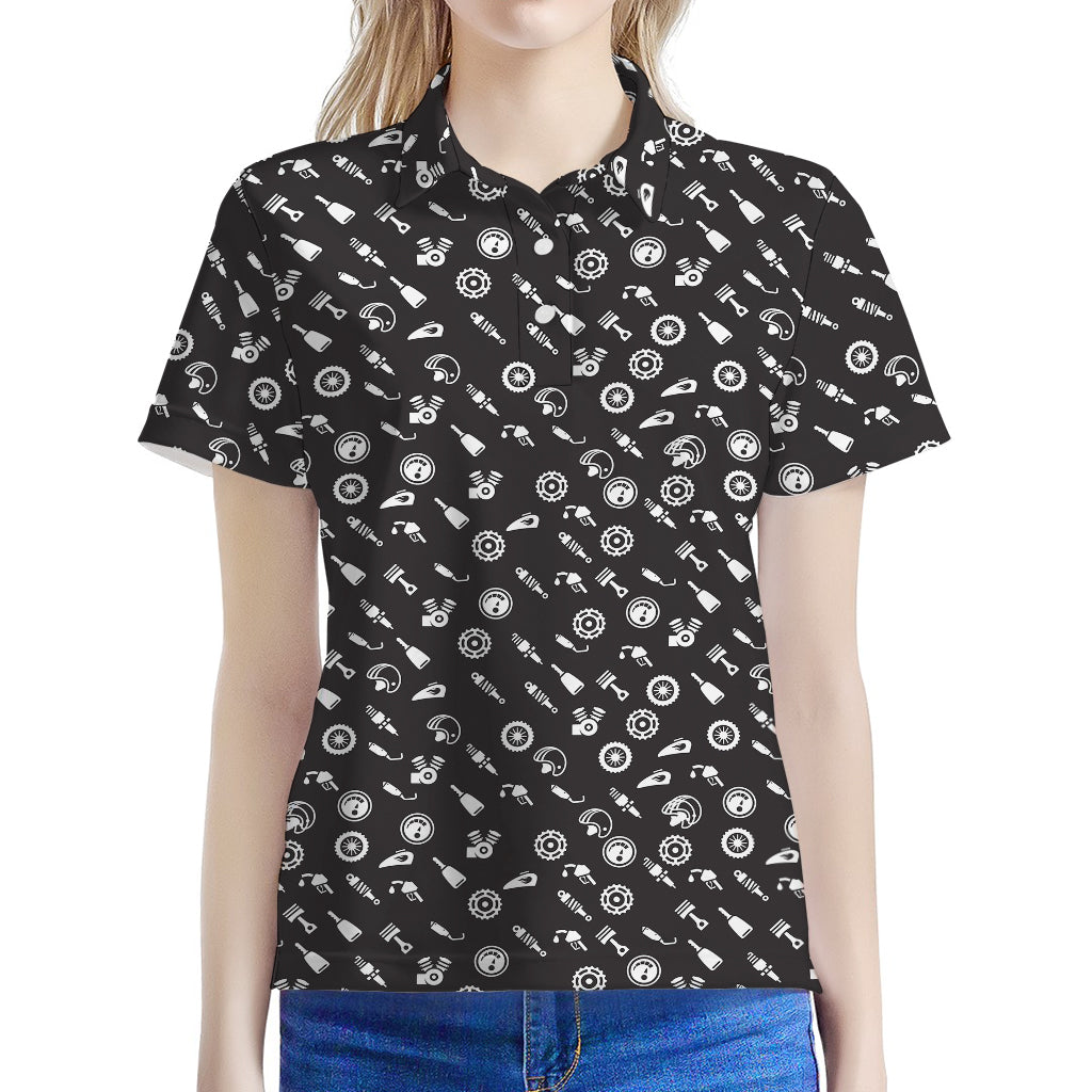 Motorcycle Parts Pattern Print Women's Polo Shirt