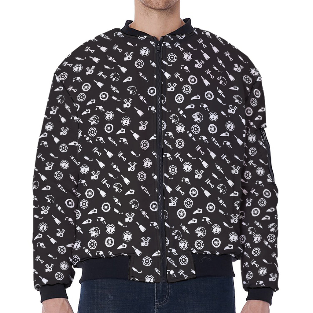 Motorcycle Parts Pattern Print Zip Sleeve Bomber Jacket