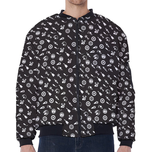 Motorcycle Parts Pattern Print Zip Sleeve Bomber Jacket