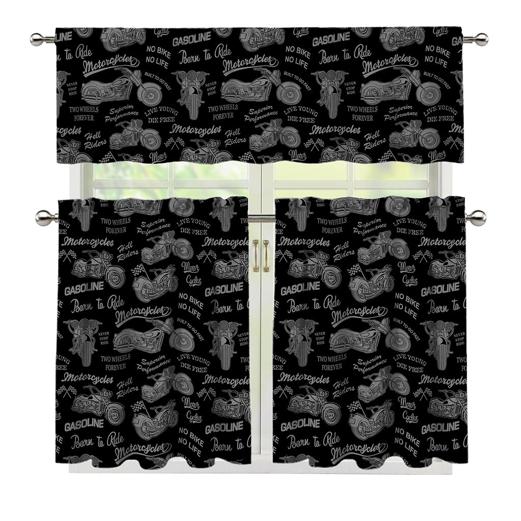 Motorcycle Quote Pattern Print 3 Piece Kitchen Curtains